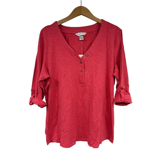 Christopher & Banks Tops - Christopher & Banks Womens XL Red Slub Knit Henley 3/4 Roll Tab Sleeve Top NWT